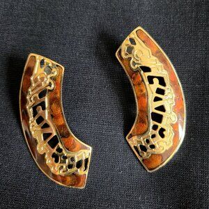 Vintage Large Signed Berebi Gold Brown Enameled Stud Earrings Boho Geometric